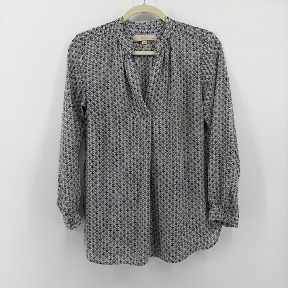 Loft Womens‎ SP Blue Geometric Split Neck Long Sleeve Blouse Petite Workwear Top